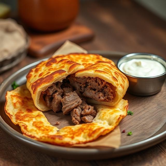 Draniki con Cerdo: Draniki rellenos de cerdo, con crema agria.